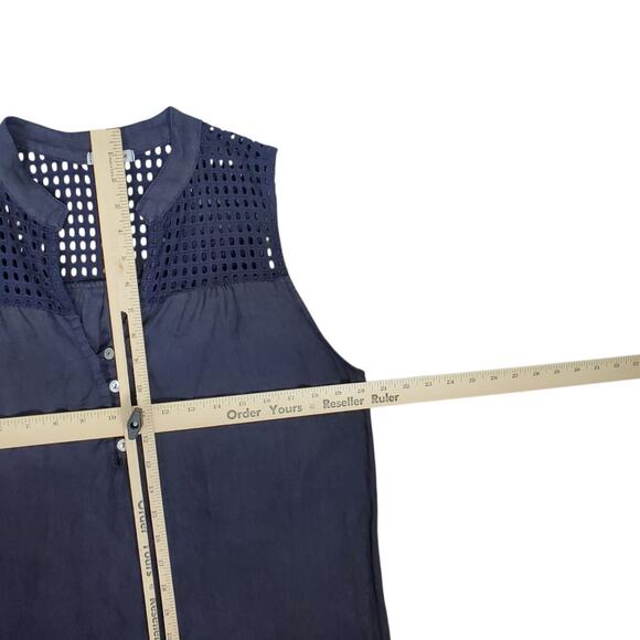 Rosemarine Italian Linen Dress Size L Navy Blue Sleeveless Crochet Shift Ruffle - Picture 11 of 12